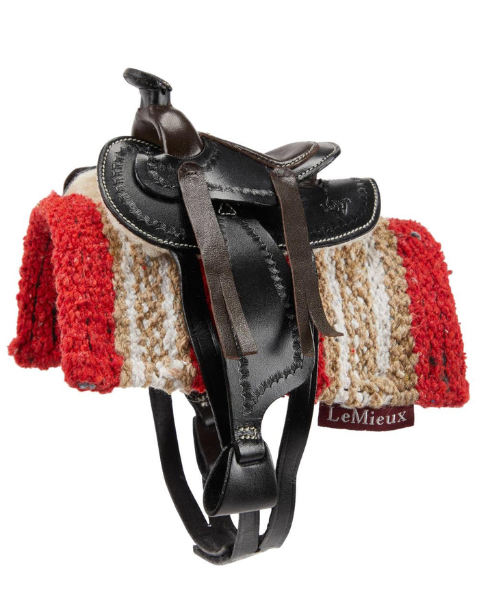 Black coloured LeMieux Toy Pony Western Saddle on white background #colour_black