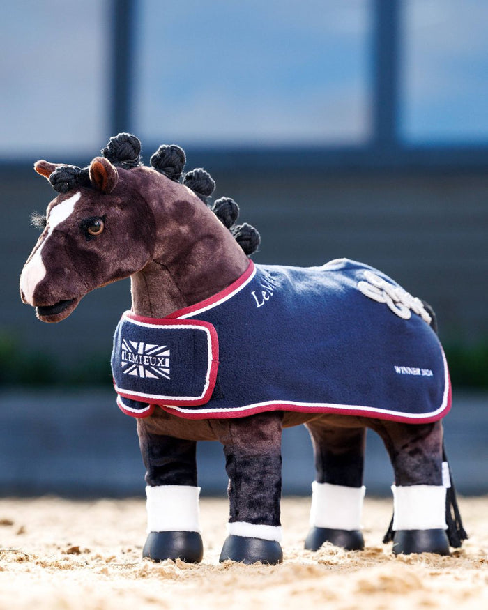 Navy coloured LeMieux Toy Pony Winners Rug on blurry background #colour_navy