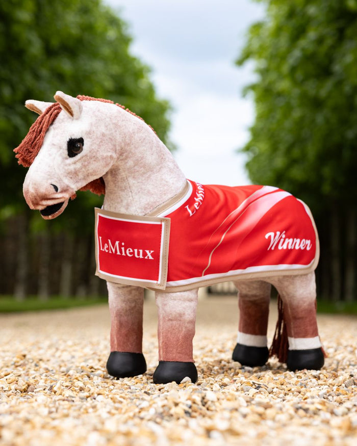 Red coloured LeMieux Toy Pony Winners Rug on tree background #colour_red