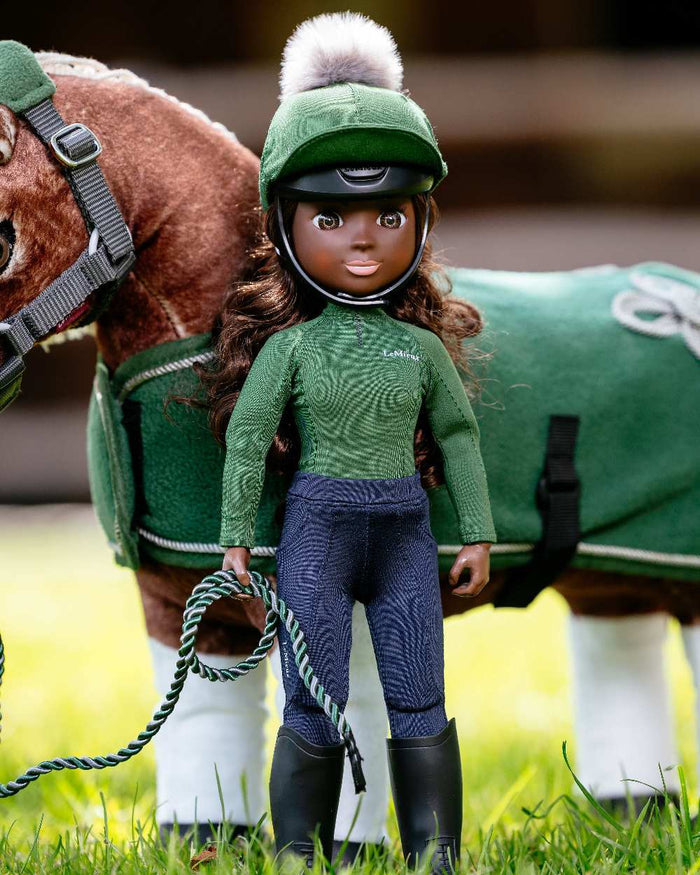 Hunter Green Coloured LeMieux Toy Rider Outfit on outdoor background #colour_hunter-green