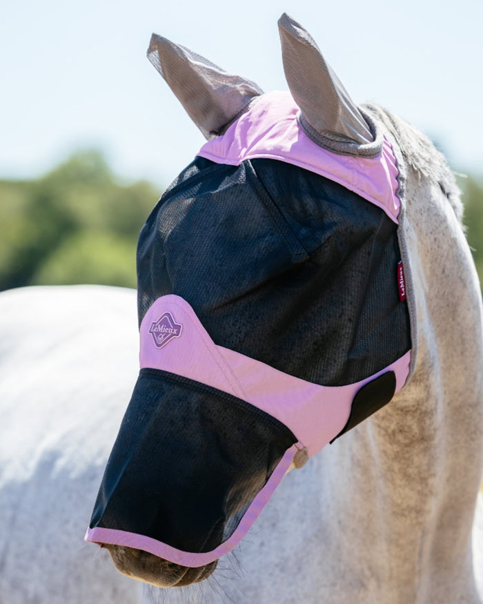 Fondant coloured LeMieux Visor Tek Full Fly Mask on outdoor background #colour_fondant
