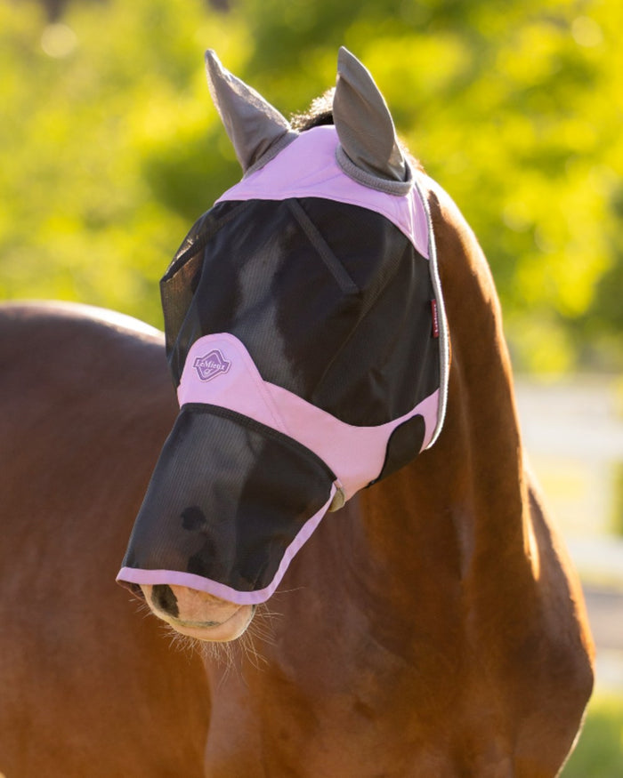 Fondant coloured LeMieux Visor Tek Full Fly Mask on outdoor background #colour_fondant