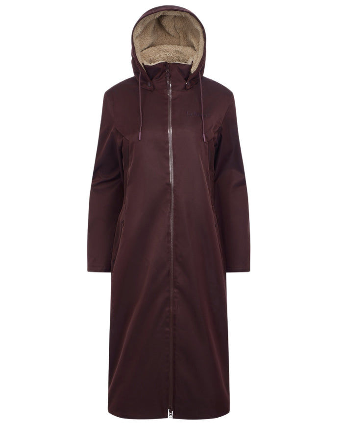 Damson coloured LeMieux Womens All Elements Robe Coat on white background #colour_damson