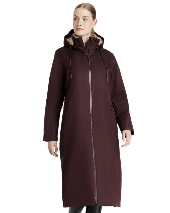 Damson coloured LeMieux Womens All Elements Robe Coat on white background #colour_damson