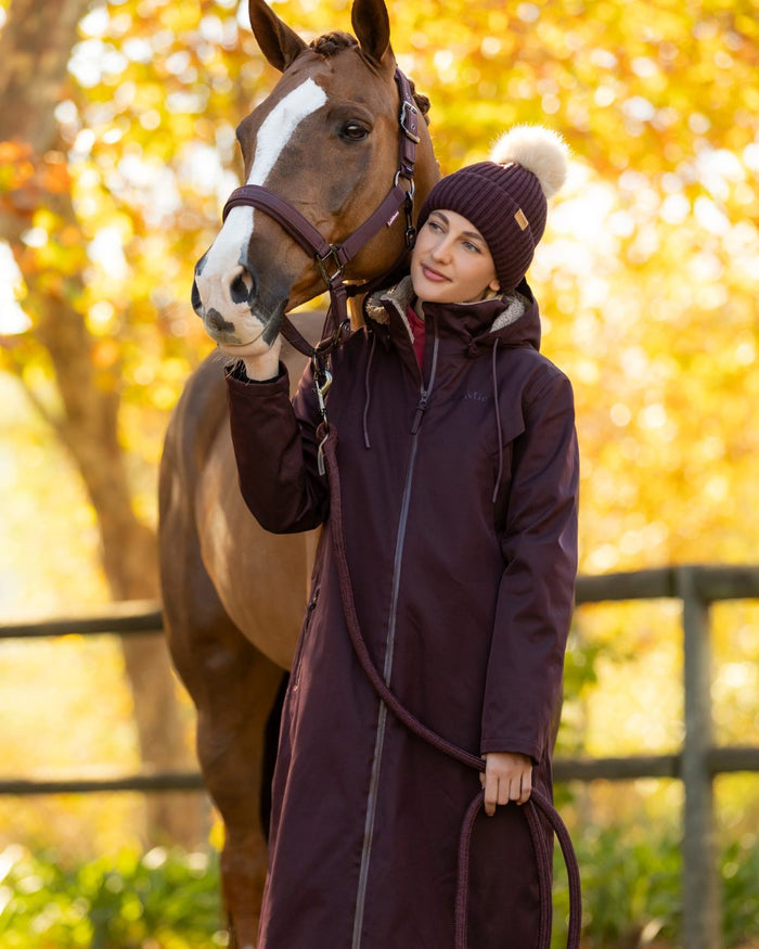 Damson coloured LeMieux Womens All Elements Robe Coat on outdoor background #colour_damson