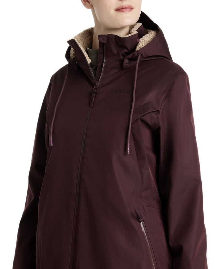 Damson coloured LeMieux Womens All Elements Robe Coat on white background #colour_damson
