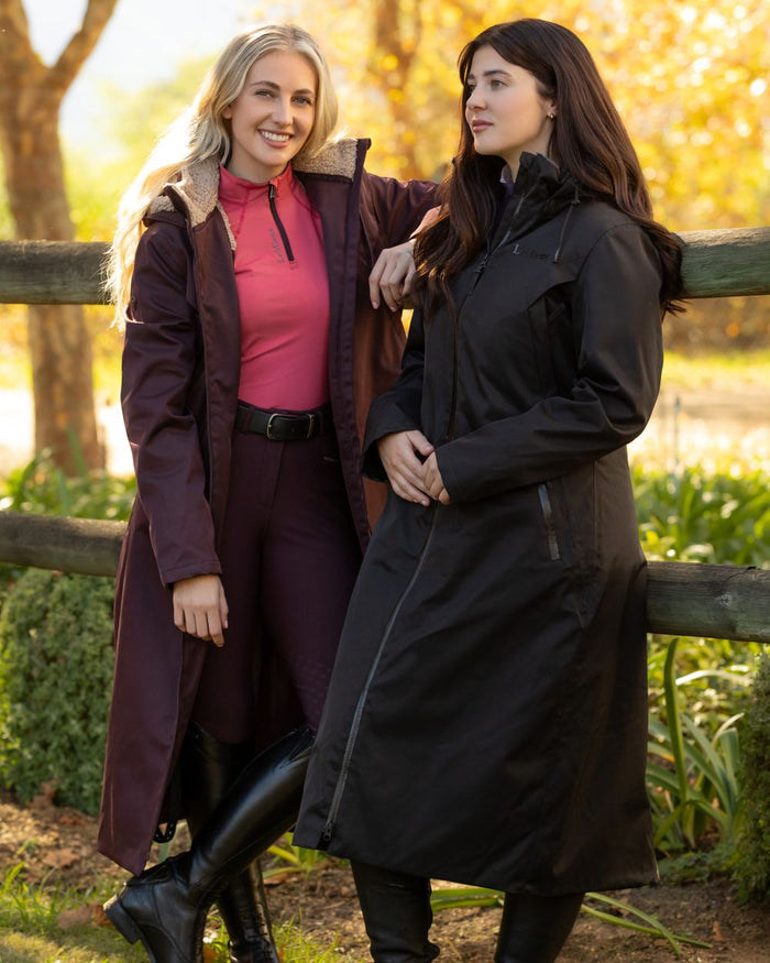 Damson coloured LeMieux Womens All Elements Robe Coat on outdoor background #colour_damson