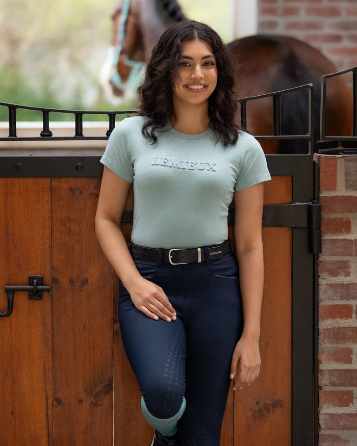 Aqua coloured LeMieux Womens Classique T-Shirt on stable background #colour_aqua