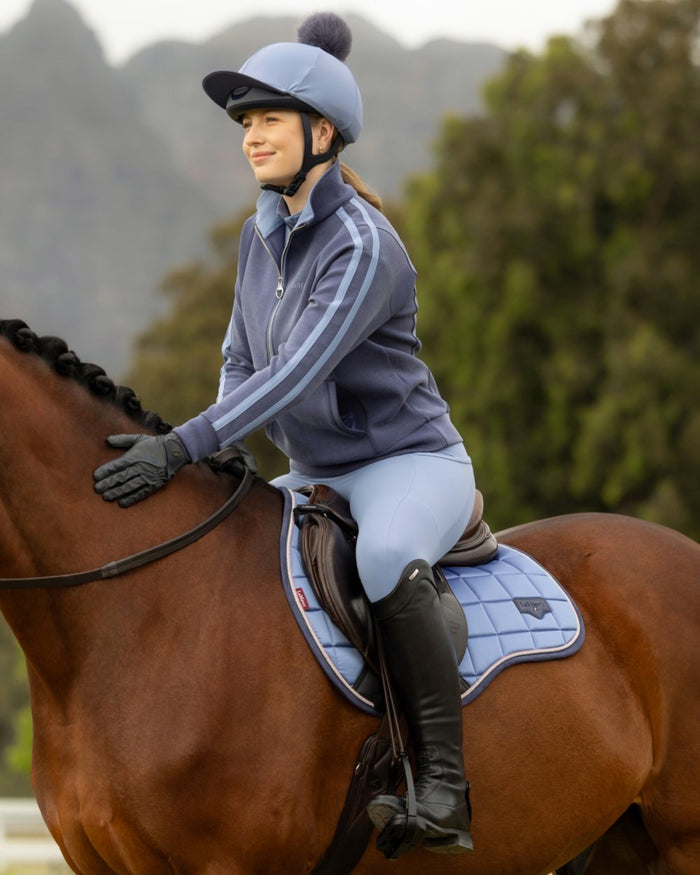Navy coloured LeMieux Womens Connie Half Zip Sweatshirt on outdoor background #colour_navy