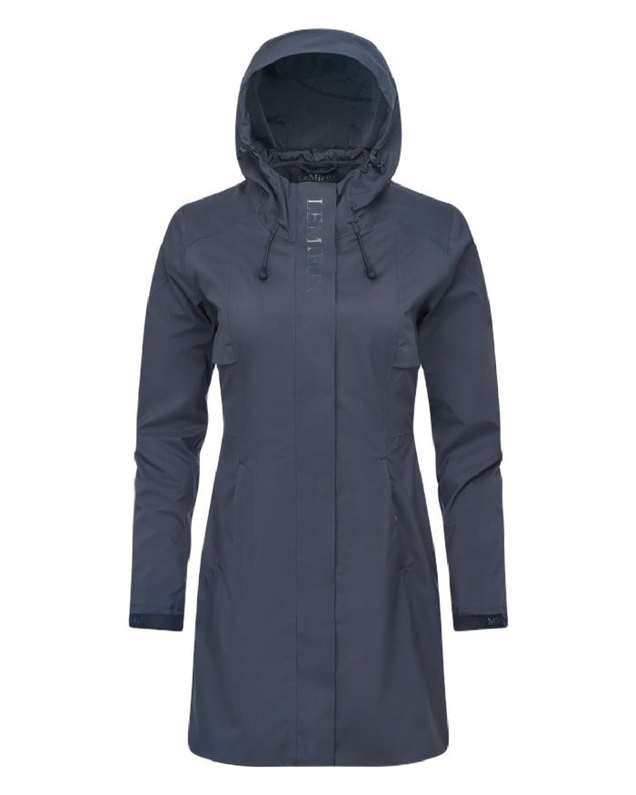 Dusk Blue coloured LeMieux Womens Grace Long Rain Jacket on white background #colour_dusk-blue
