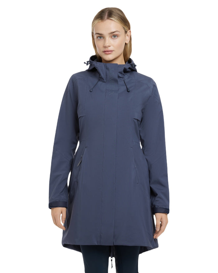 Dusk Blue coloured LeMieux Womens Grace Long Rain Jacket on white background #colour_dusk-blue