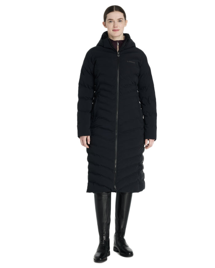 Black coloured LeMieux Womens Hayley Water Resistant Longline Puffer Coat on white background #colour_black