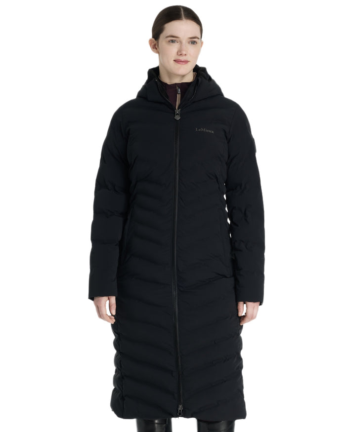 Black coloured LeMieux Womens Hayley Water Resistant Longline Puffer Coat on white background #colour_black