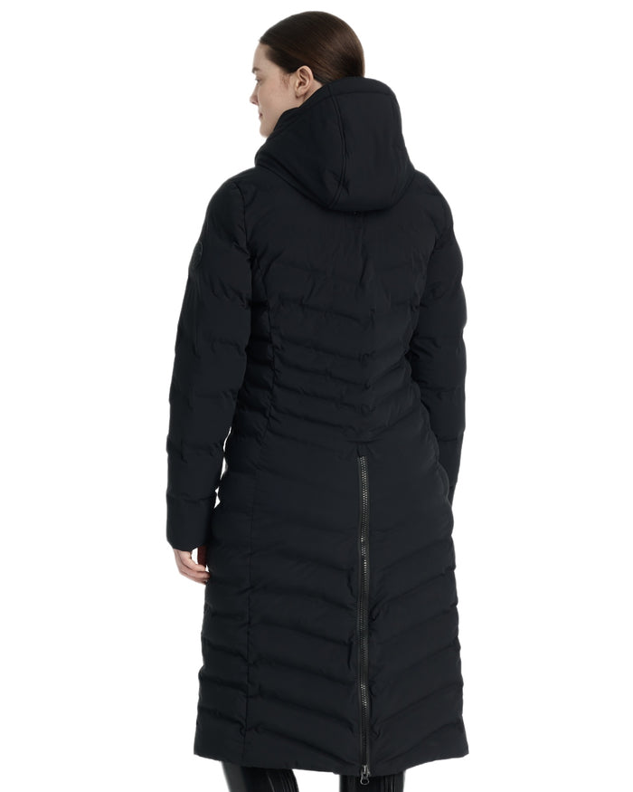Black coloured LeMieux Womens Hayley Water Resistant Longline Puffer Coat on white background #colour_black