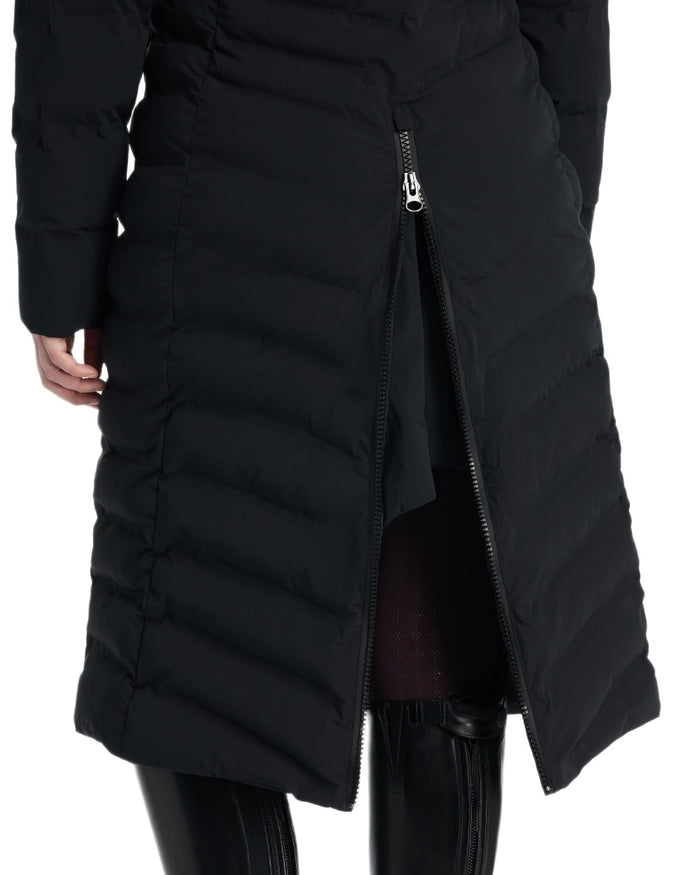 Black coloured LeMieux Womens Hayley Water Resistant Longline Puffer Coat on white background #colour_black