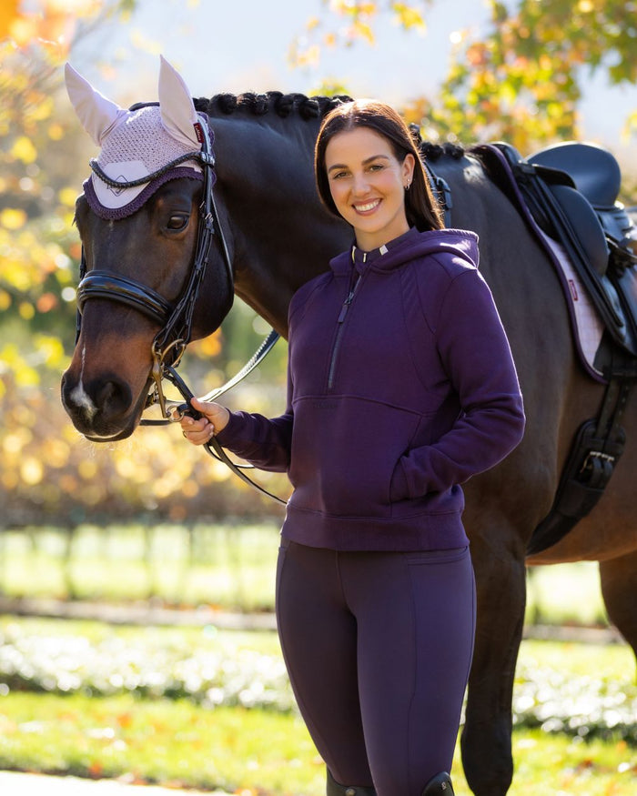 Juniper coloured LeMieux Womens Henrietta Half Zip Hoodie on tree background #colour_juniper
