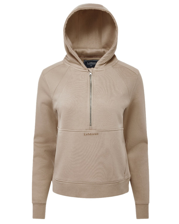 Almond coloured LeMieux Womens Henrietta Half Zip Hoodie on white background #colour_almond