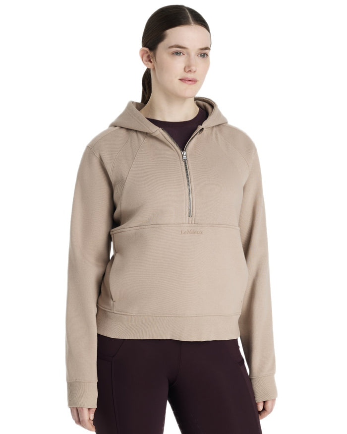 Almond coloured LeMieux Womens Henrietta Half Zip Hoodie on white background #colour_almond