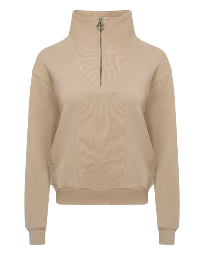 Almond coloured LeMieux Womens Keira Quarter Neck Sweatshirt on white background #colour_almond