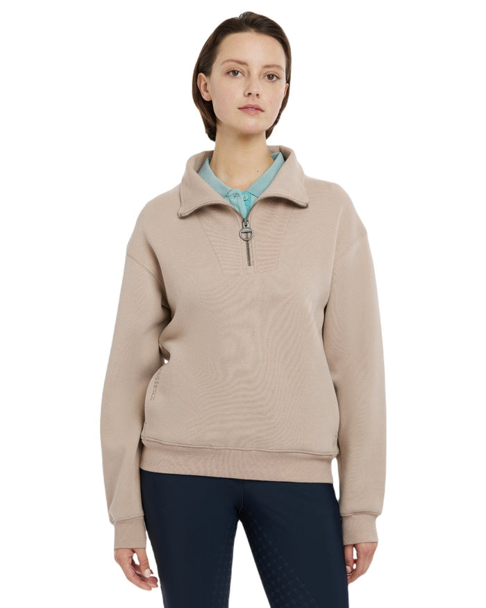 Almond coloured LeMieux Womens Keira Quarter Neck Sweatshirt on white background #colour_almond