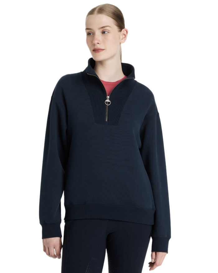 Navy coloured LeMieux Womens Keira Quarter Neck Sweatshirt on white background #colour_navy