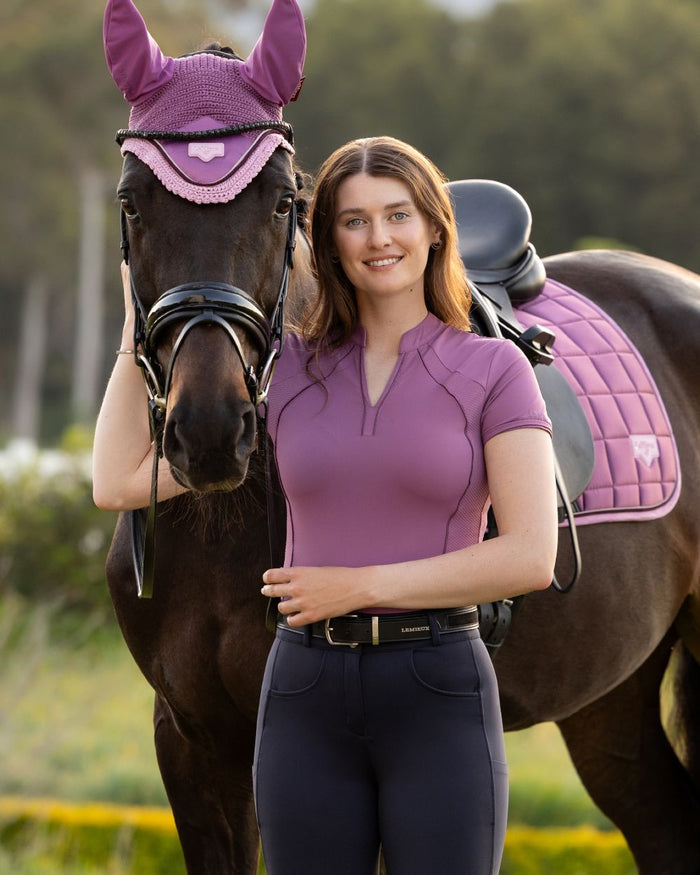 Mallow coloured LeMieux Womens Lisa Mesh Base Layer on outdoor background #colour_mallow
