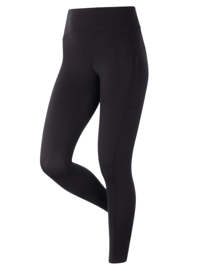 Black coloured LeMieux Womens Natalie Brushed Pull On Breeches on white background #colour_black