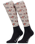 Almond coloured LeMieux Xmas Robins Footsie Socks on white background #colour_almond
