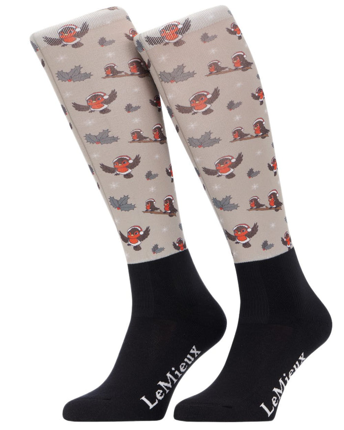 Almond coloured LeMieux Xmas Robins Footsie Socks on white background #colour_almond