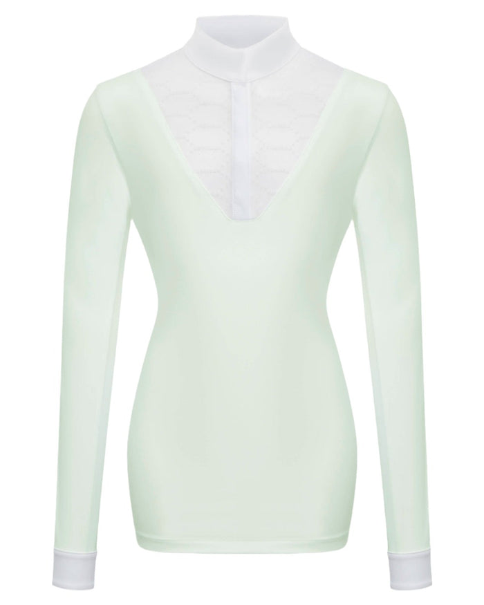 Pistachio coloured LeMieux Young Rider Eva Long Sleeve Show Shirt on white background #colour_pistachio