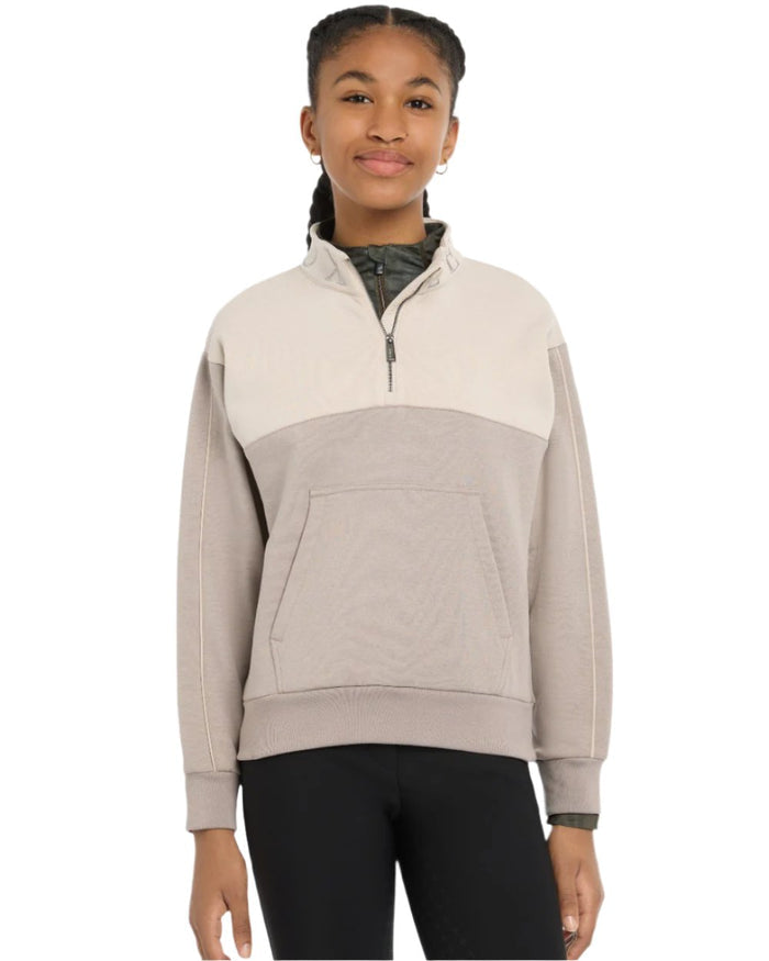 Ash Stone Coloured LeMieux Young Rider Kate Quarter Zip Sweater On A White Background #colour_ash-stone