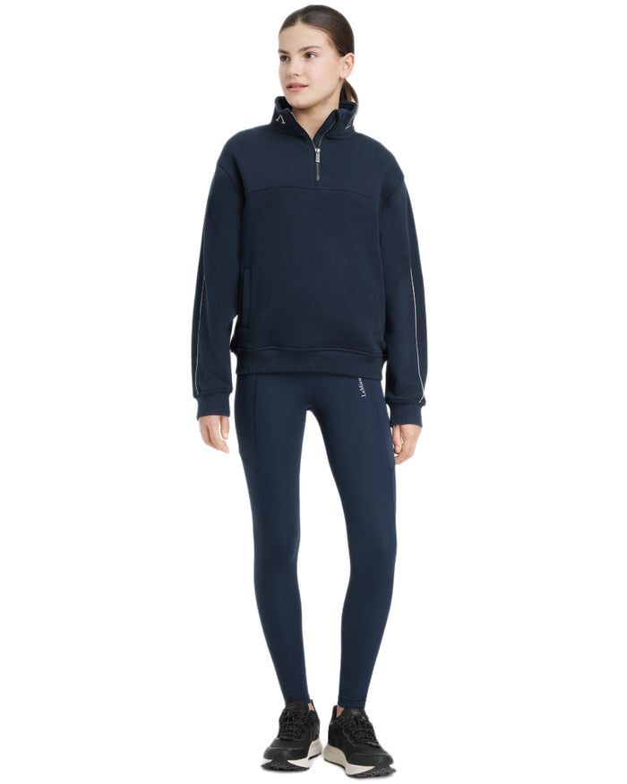 Navy coloured LeMieux Young Rider Kate Quarter Zip Sweater on white background #colour_navy