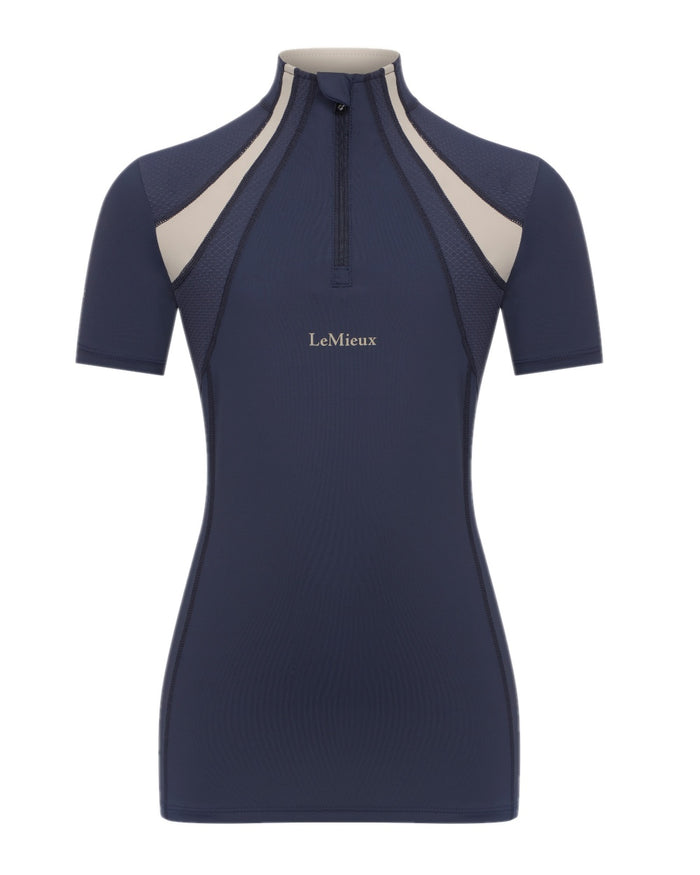 Dusk Blue coloured LeMieux Young Rider Short Sleeve Mia Mesh Base Layer on white background #colour_dusk-blue