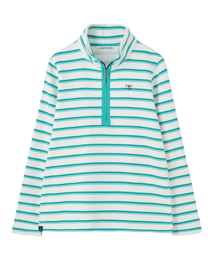 Soft Teal Stripe coloured Lighthouse Ladies Shore Sweatshirt on white background #colour_soft-teal-stripe
