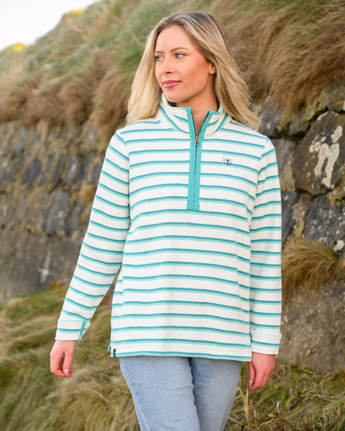 Soft Teal Stripe coloured Lighthouse Ladies Shore Sweatshirt on mountain background #colour_soft-teal-stripe