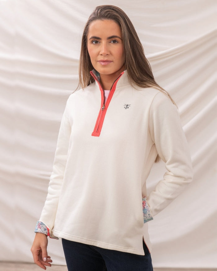 Coconut coloured Lighthouse Ladies Shore Sweatshirt on curtain background #colour_coconut