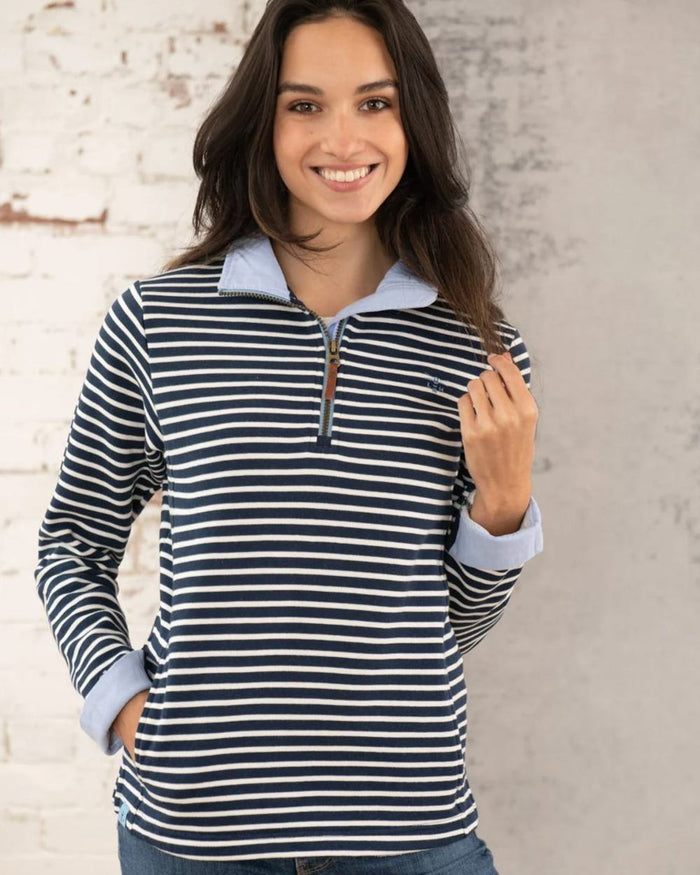 Midnight Stripe coloured Lighthouse Shore Jersey Top on wall background #colour_midnight-stripe
