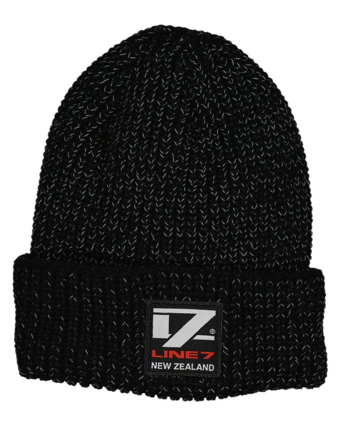 Black Silver Coloured Line 7 Reflective Beanie on white background #colour_black-silver