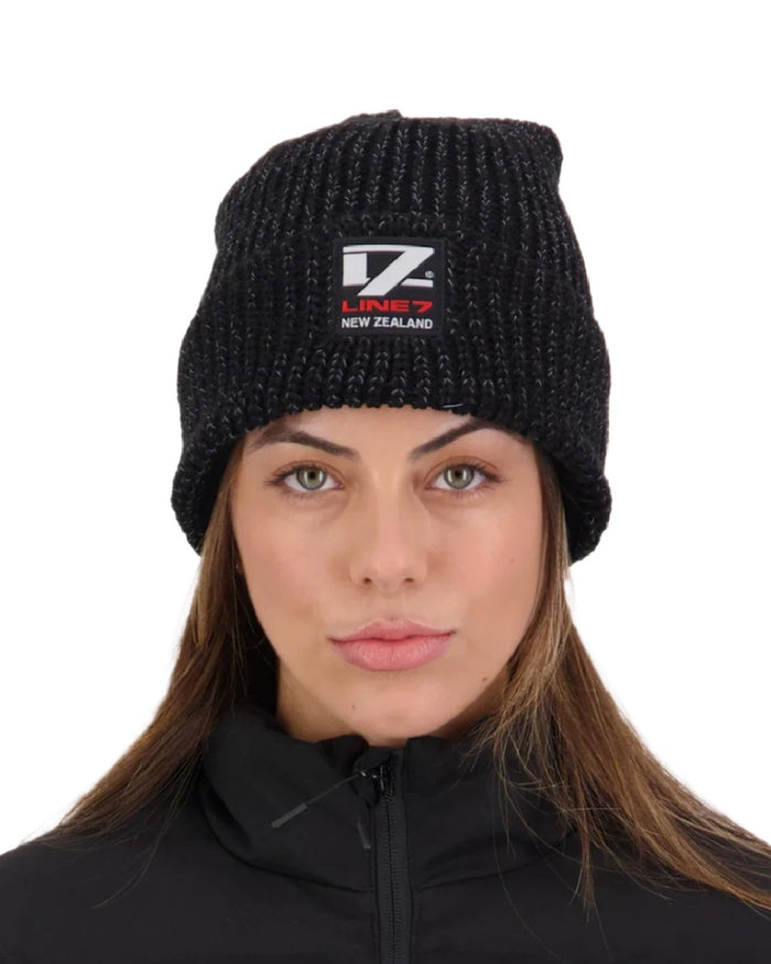 Black Silver Coloured Line 7 Reflective Beanie on white background #colour_black-silver