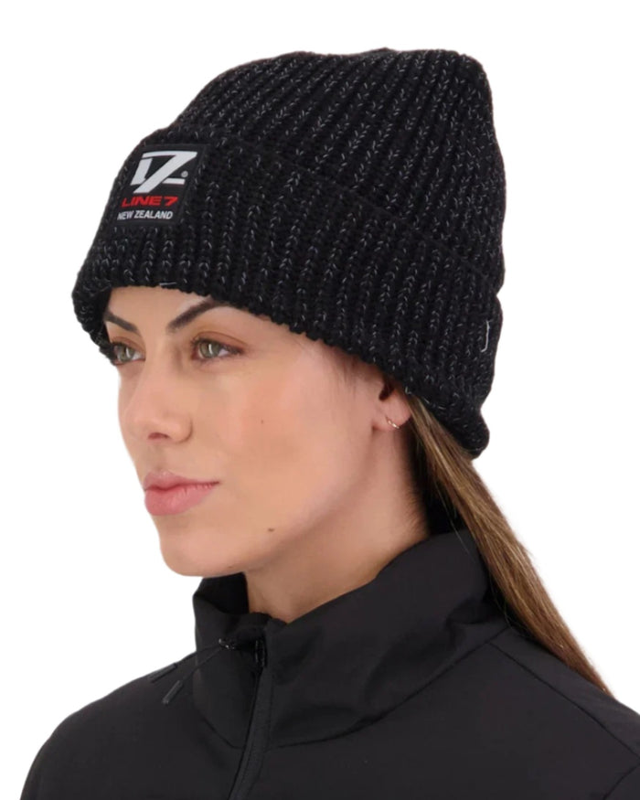 Black Silver Coloured Line 7 Reflective Beanie on white background #colour_black-silver