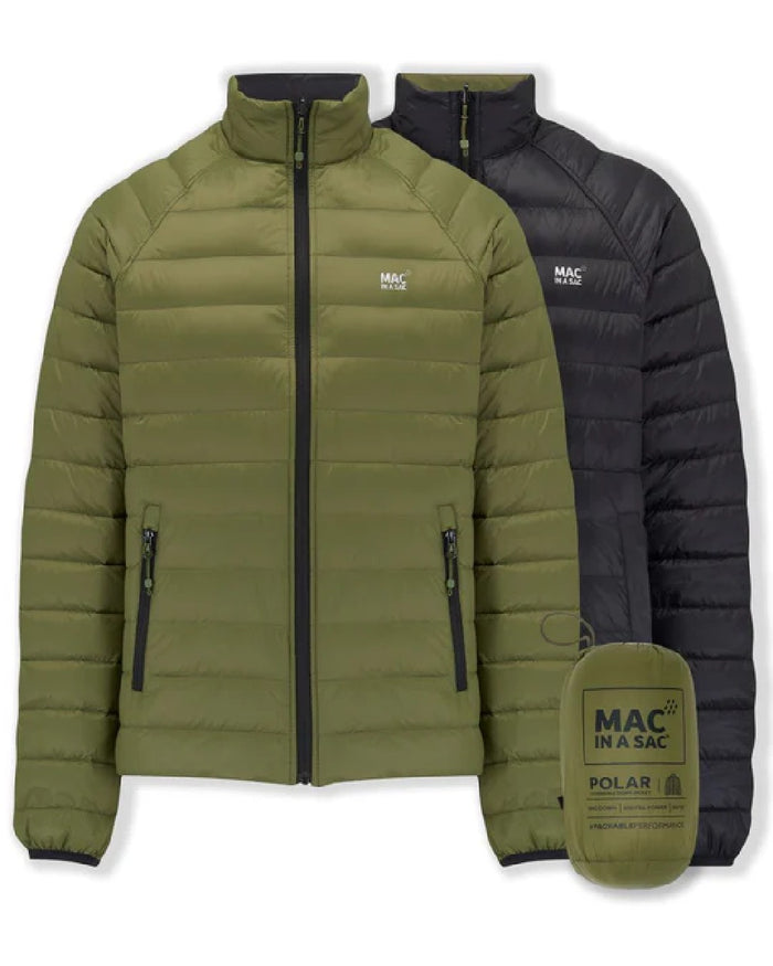 Khaki Black coloured Mac In A Sac Packable Mens Polar Down Jacket on white background #colour_khaki-black