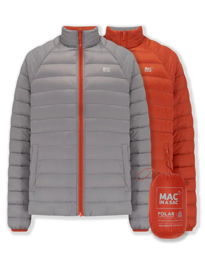 Burnt Orange Grey coloured Mac In A Sac Packable Mens Polar Down Jacket on white background #colour_burnt-orange-grey