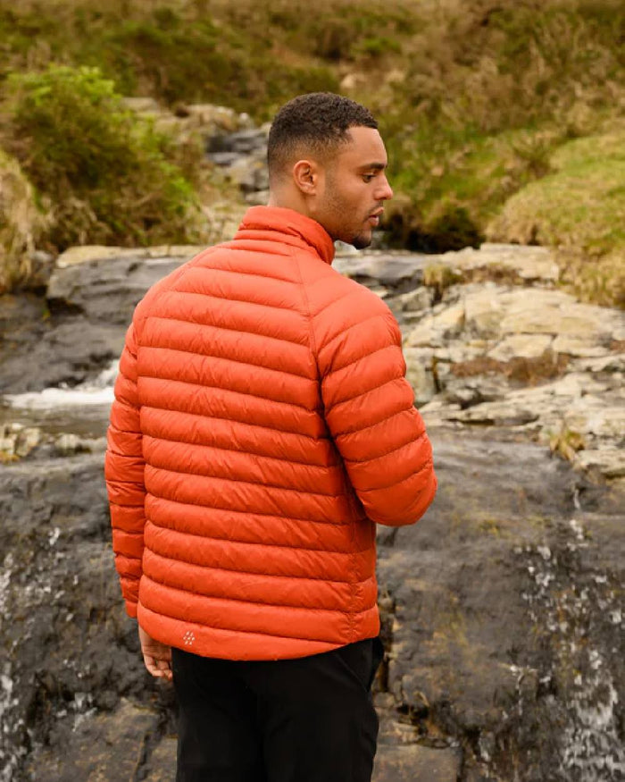 Burnt Orange Grey coloured Mac In A Sac Packable Mens Polar Down Jacket on blurry background #colour_burnt-orange-grey