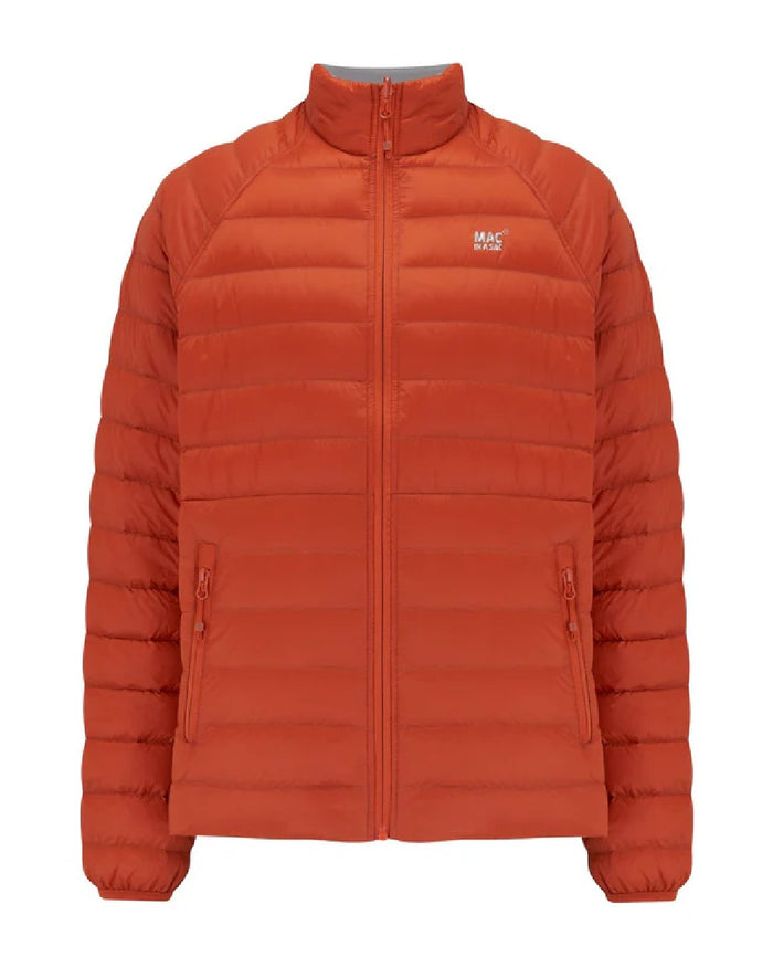 Burnt Orange Grey coloured Mac In A Sac Packable Mens Polar Down Jacket on white background #colour_burnt-orange-grey