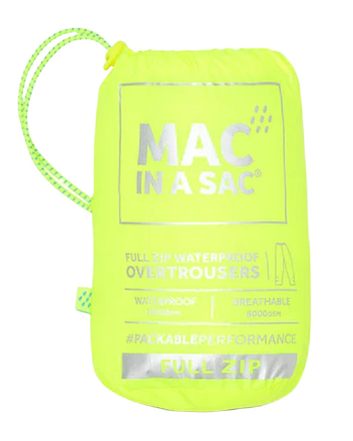 Neon Yellow coloured Mac In A Sac Origin Packable Full Zip Overtrousers on white background #colour_neon-yellow