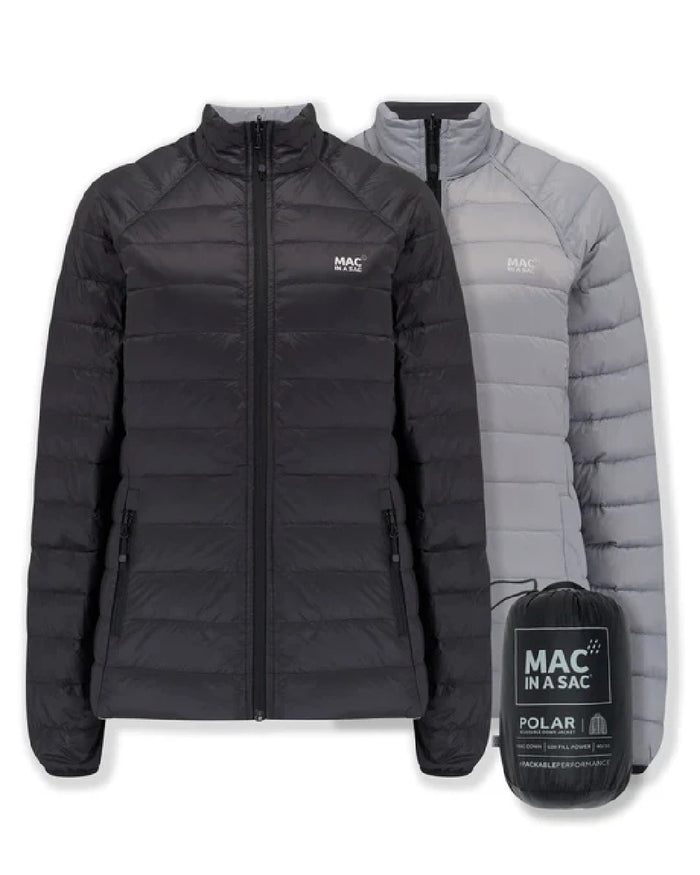 Black Grey coloured Mac In A Sac Packable Womens Down Jacket on white background #colour_black-grey