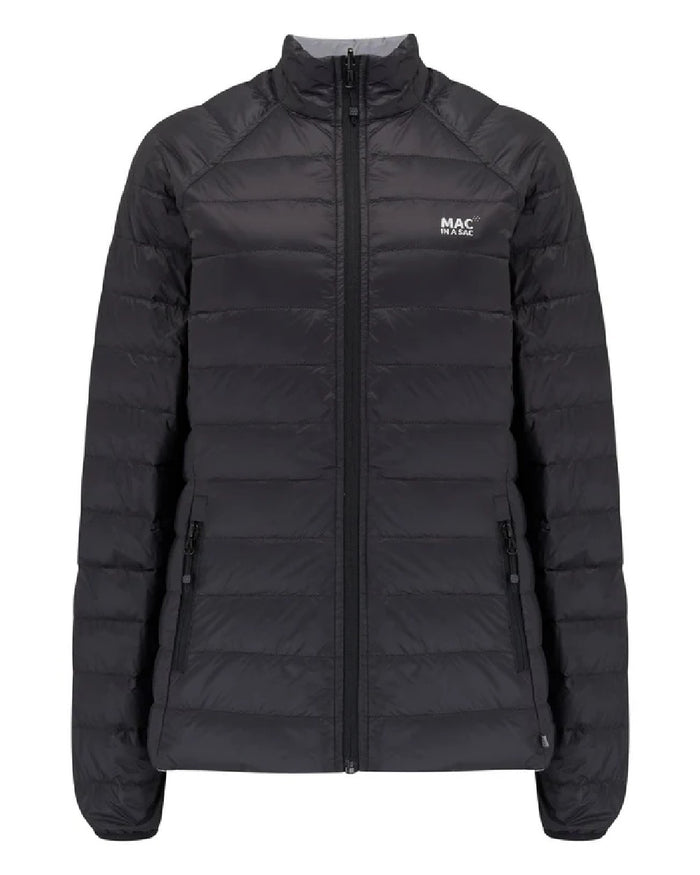 Black Grey coloured Mac In A Sac Packable Womens Down Jacket on white background #colour_black-grey