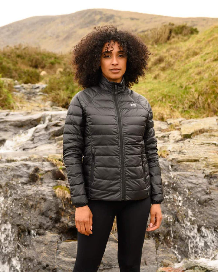 Black Grey coloured Mac In A Sac Packable Womens Down Jacket on blurry background #colour_black-grey