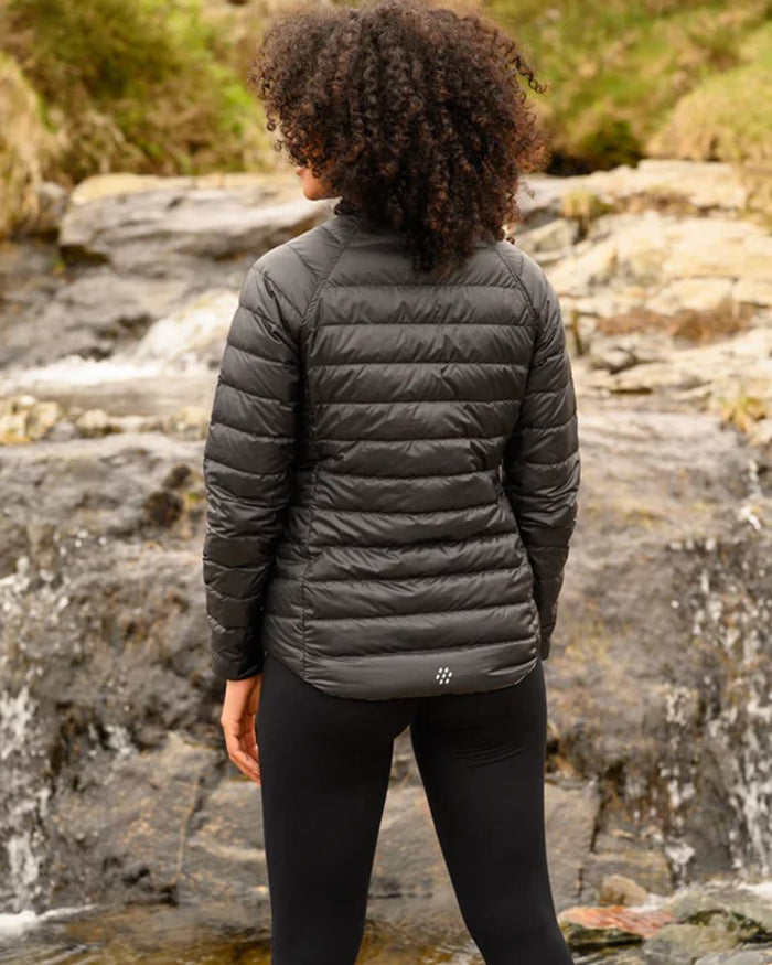 Black Grey coloured Mac In A Sac Packable Womens Down Jacket on blurry background #colour_black-grey