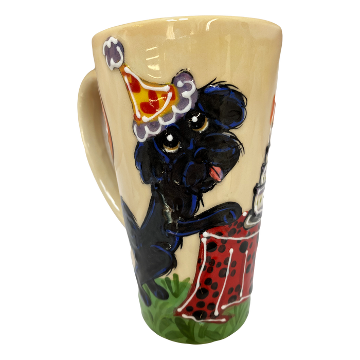 Black Maltese hand=painted on tall latte mug having a dog birthday party